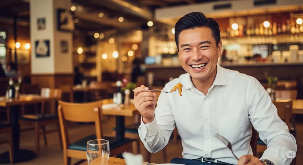 Hombre asiático feliz comiendo en un resturante.